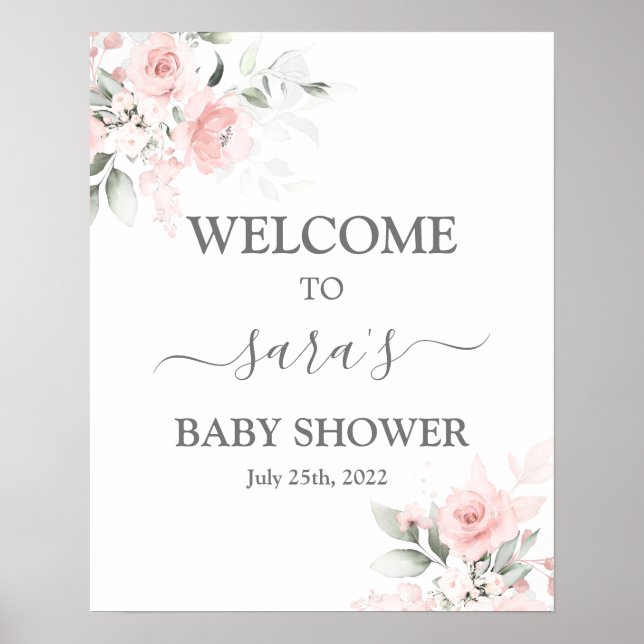 Blush Pink Floral Baby Dusche Mädchen Begrüßungsze Poster (Vorne)