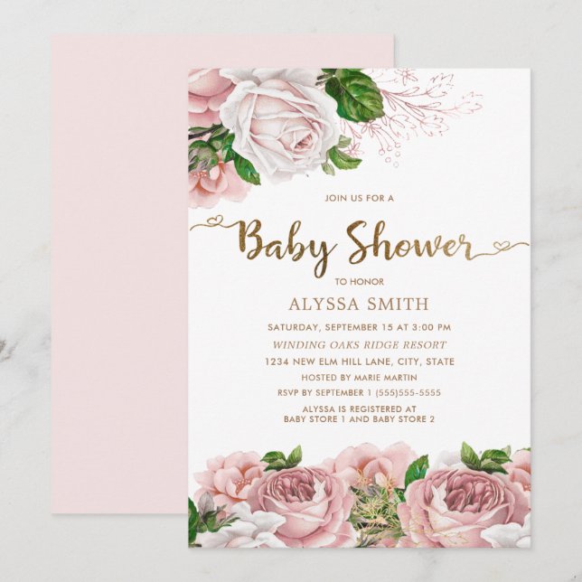 Blush Pink Floral Baby Girl Babydusche Script Einladung (Vorne/Hinten)