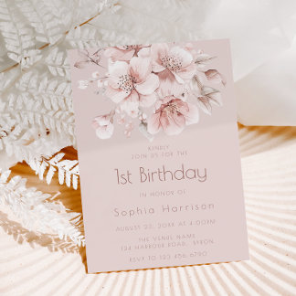 Blush Pink Floral Baby Girls 1. Geburtstag Party Einladung