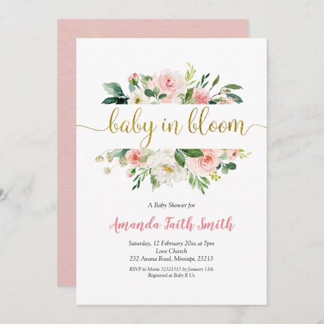 Blush Pink Floral Baby in Bloom Baby Dusche Einladung (Vorne/Hinten)