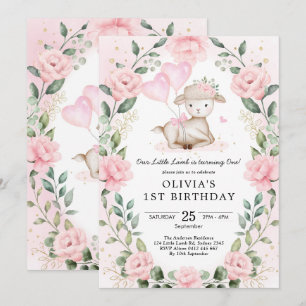 Blush Pink Floral Baby Lamb Mädchen Geburtstag Einladung