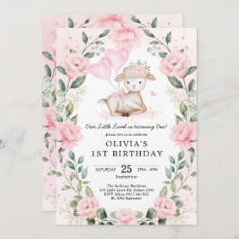 Blush Pink Floral Baby Sheep Lamb Girl Geburtstag Einladung