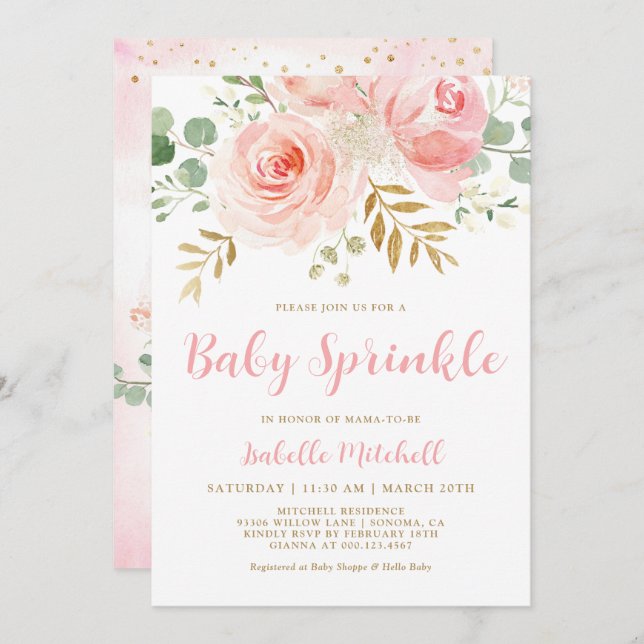 Blush Pink Floral Baby Sprinkle Einladung (Vorne/Hinten)