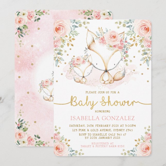 Blush Pink Floral Baby Woodland Fox Girl Dusche Einladung (Vorne/Hinten)