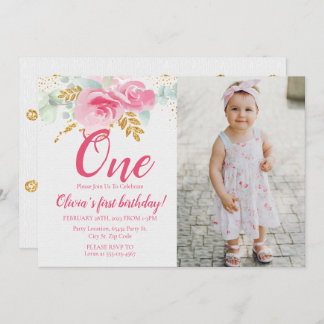 Blush Pink Floral Baby's First Birthday Foto Einladung