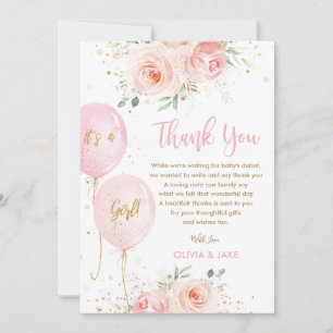 Blush Pink Floral Balloons Gold Girl Baby Dusche Dankeskarte