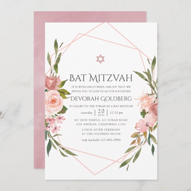 Blush Pink Floral Bat Mitzvah Einladung (Vorne/Hinten)