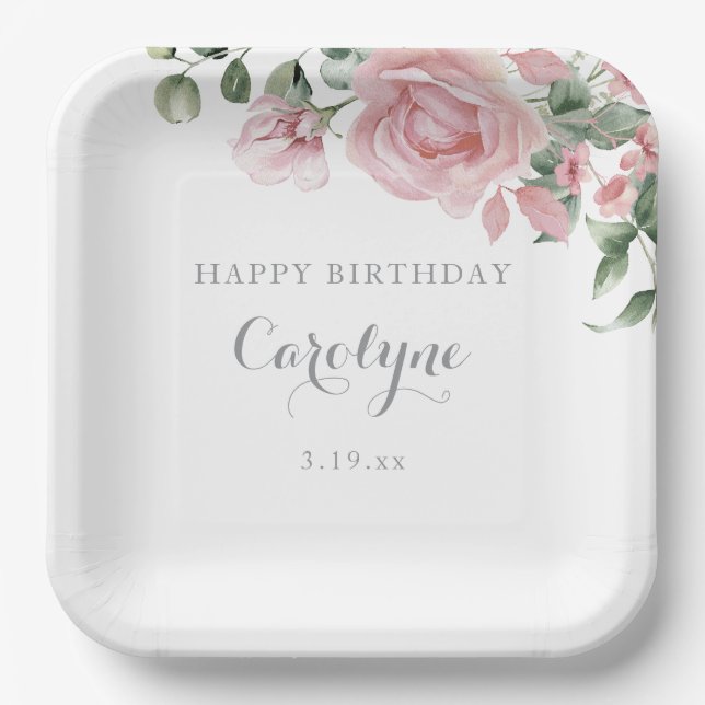 Blush Pink Floral Birthday Paper Plate Pappteller (Vorderseite)