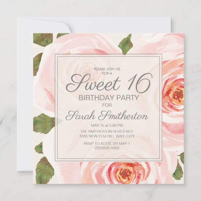 Blush Pink Floral Blätter Sweet 16 Birthday Girls Einladung (Vorderseite)