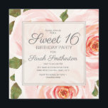 Blush Pink Floral Blätter Sweet 16 Birthday Girls Einladung<br><div class="desc">Schöne,  weiche rot Rosa Aquarell Blütenfarbe mit grünen Blätter Sweet 16 Geburtstagsfeier Einladung für Mädchen. Ideal für die Frühlings- oder Sommergeburtsfeier. Passen Sie diese Einladung an,  indem Sie Schriftart und Formulierungen ändern,  um sie für Ihr Thema zu gestalten. Kontaktieren Sie uns für Hilfe bei der Anpassung.</div>