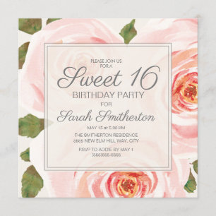 Blush Pink Floral Blätter Sweet 16 Birthday Girls Einladung