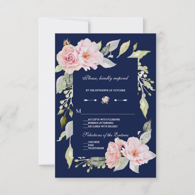 Blush Pink Floral Bloom Navy Blue Wedding RSVP (Vorderseite)