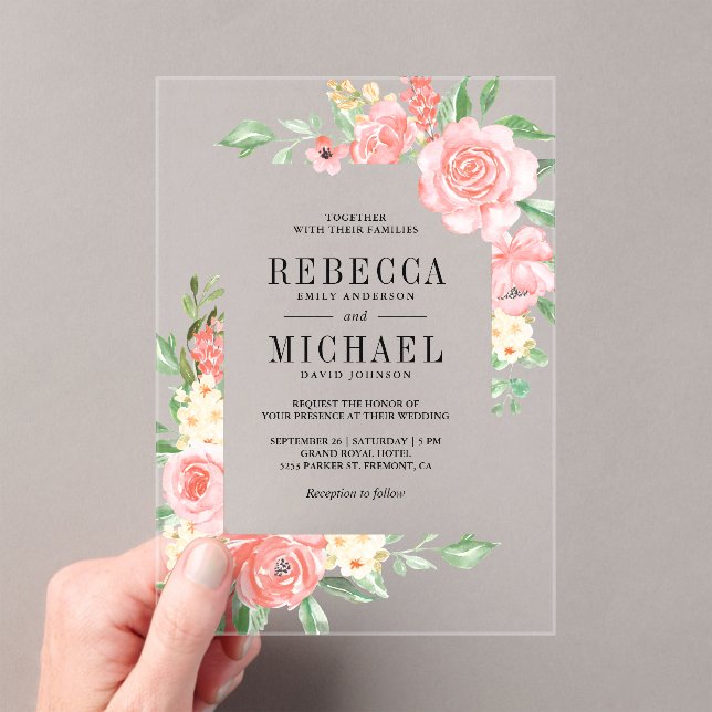 Blush Pink Floral Bloom Roses Wedding Acryleinladungen (Insitu (Handheld))