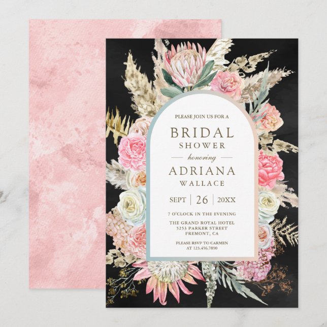 Blush Pink Floral Boho Pampas Black Brautparty Einladung (Vorne/Hinten)
