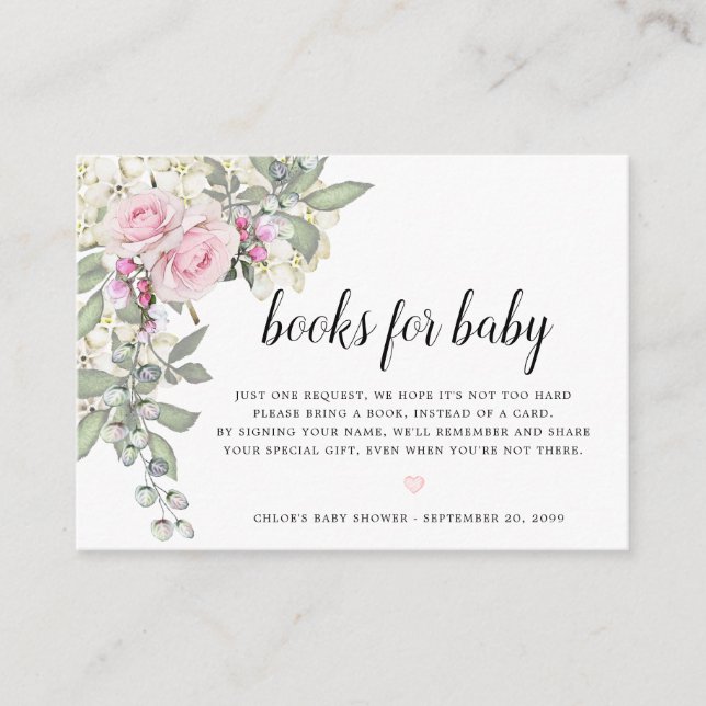Blush Pink Floral Book Request Baby Dusche Begleitkarte (Vorderseite)