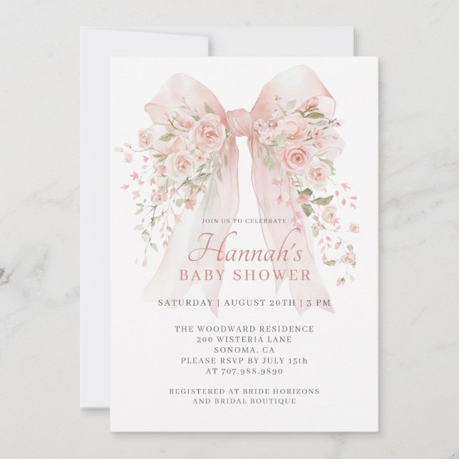 Blush Pink Floral Bow Girl Baby Shower Einladung (Vorderseite)