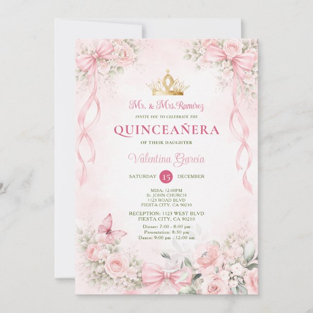Blush Pink Floral Bow Ribbon Quinceañera Einladung (Vorderseite)