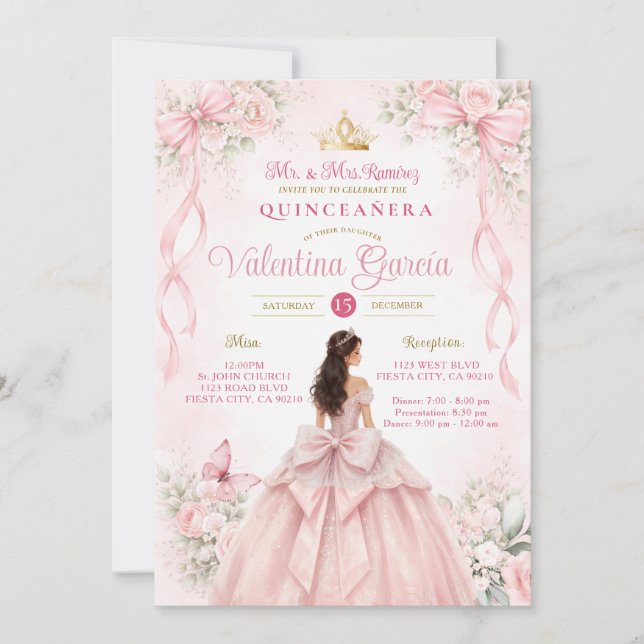 Blush Pink Floral Bow Ribbon Quinceañera Einladung (Vorderseite)