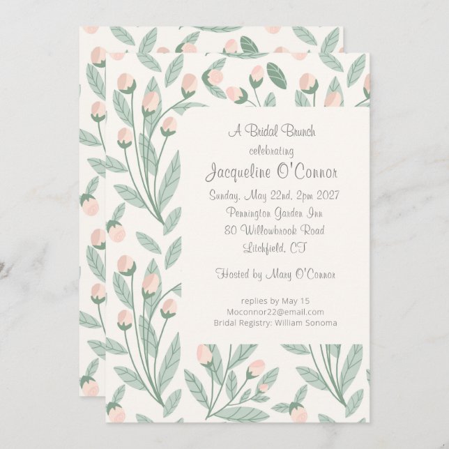 Blush Pink Floral Bridal Brunch Invitation Einladung (Vorne/Hinten)
