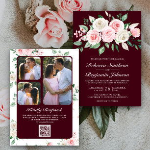 Blush Pink Floral Burgund QR Code Hochzeit Einladung
