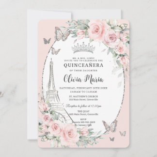 Blush Pink Floral Butterfells Paris Quinceañera Einladung