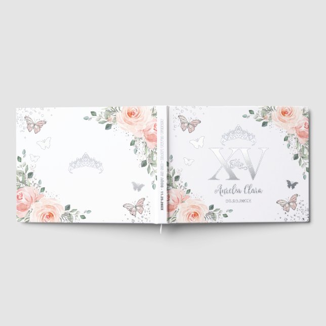 Blush Pink Floral Butterfliegen Silver Quinceañera Gästebuch (Voll)