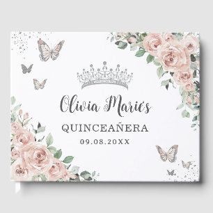 Blush Pink Floral Butterfliegen Silver Quinceañera Gästebuch