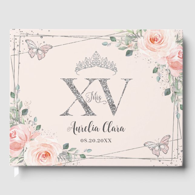 Blush Pink Floral Butterfliegen Silver Quinceañera Gästebuch (Vorderseite)
