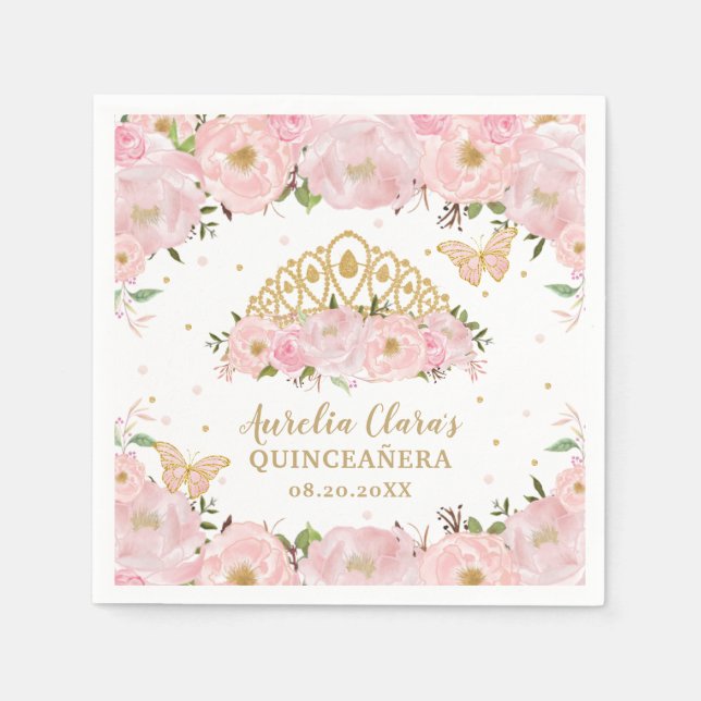 Blush Pink Floral Butterfliegen Tiara QUINCEAÑERA Serviette (Vorderseite)