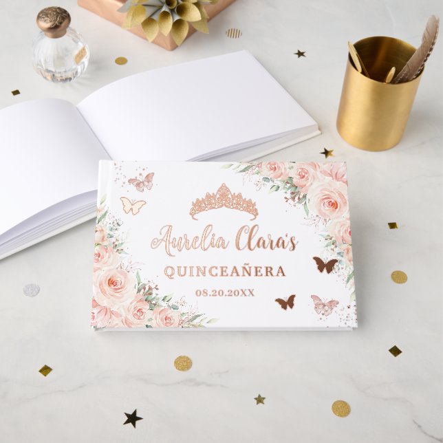 Blush Pink Floral Butterflies Quince XV Rose Gold Gästebuch (Vorderseite Offen)