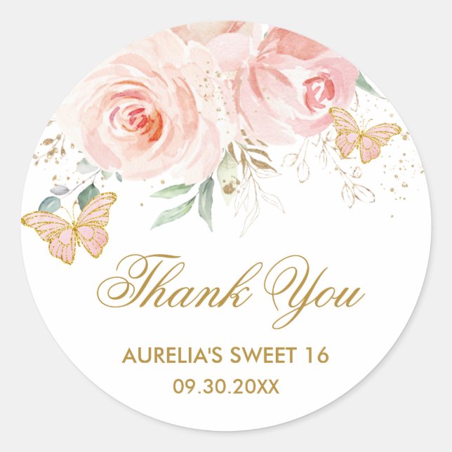 Blush Pink Floral Butterflies Quinceanera Sweet 16 Runder Aufkleber (Vorderseite)