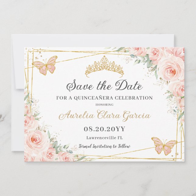 Blush Pink Floral Butterflies Quinceañera Sweet 16 Save The Date (Vorderseite)