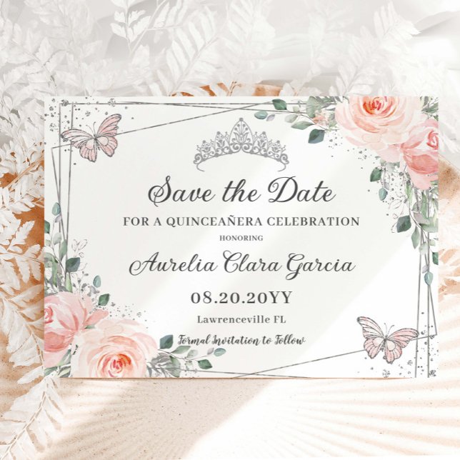 Blush Pink Floral Butterflies Quinceañera Sweet 16 Save The Date (Von Creator hochgeladen)