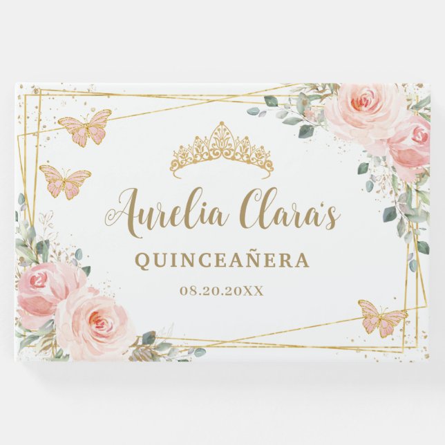Blush Pink Floral Butterflis Gold Quinceanera Gästebuch (Vorderseite)