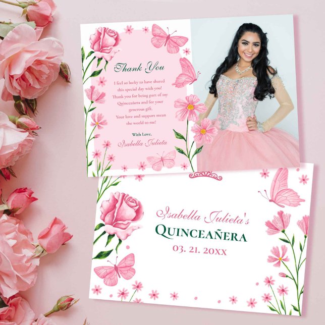 Blush Pink Floral Butterfly Foto Quinceañera Dankeskarte (Blush Pink Floral Butterflies Photo Quinceañera Thank You Card)