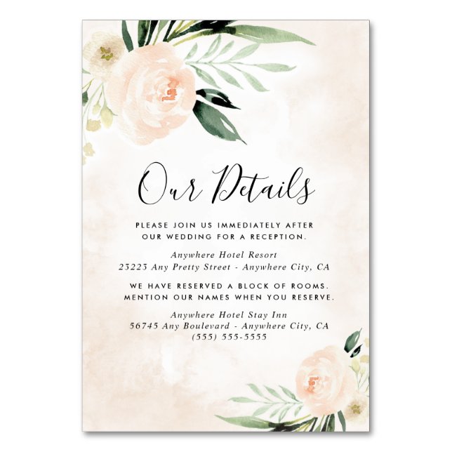 Blush Pink Floral Champagner Hochzeitskarte Tischnummer (Vorderseite)