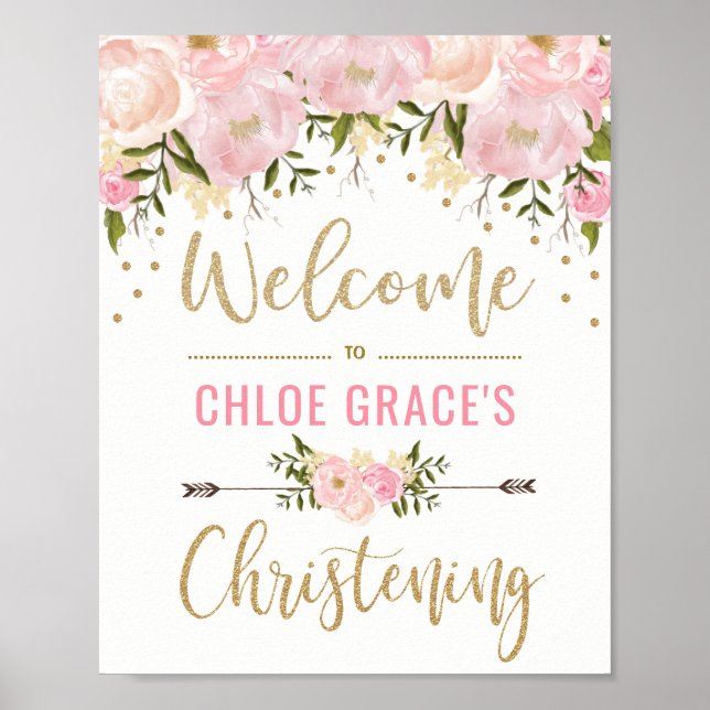 Blush Pink floral Christening Begrüßung Unterschri Poster (Vorne)
