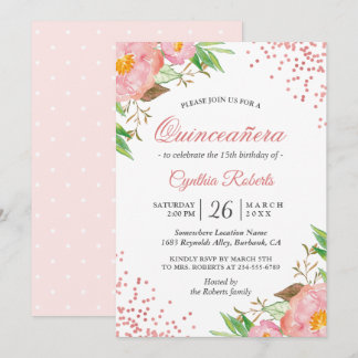 Blush Pink Floral Confetti Quinceañera Geburtstag Einladung