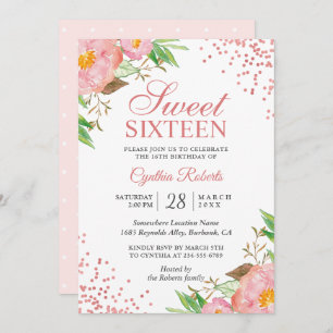 Blush Pink Floral Confetti Sweet 16 Geburtstagspar Einladung