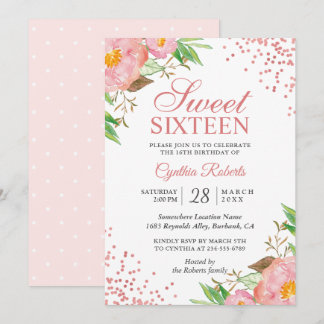 Blush Pink Floral Confetti Sweet 16 Geburtstagspar Einladung