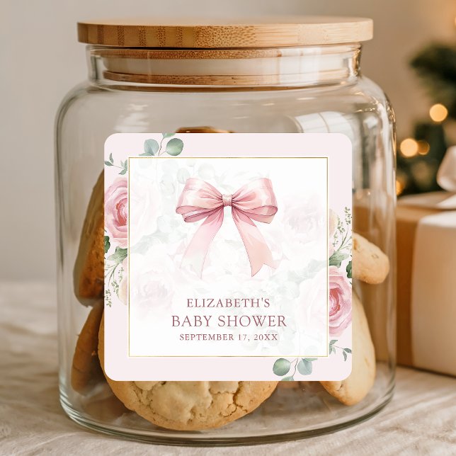 Blush Pink Floral Coquette Bow Baby Dusche Quadratischer Aufkleber (Von Creator hochgeladen)