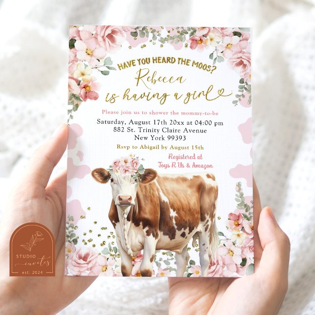 Blush Pink Floral Cow Farm Girl Babydusche Einladung (Von Creator hochgeladen)