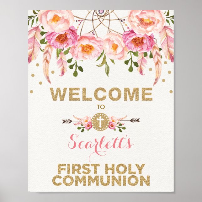 Blush Pink Floral Dreamcatcher-Kommunion Willkomme Poster (Vorne)