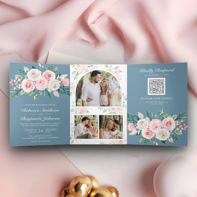 Blush Pink Floral Dusty Blue QR Code Hochzeit Dreifach Gefaltete Einladung (Von Creator hochgeladen)
