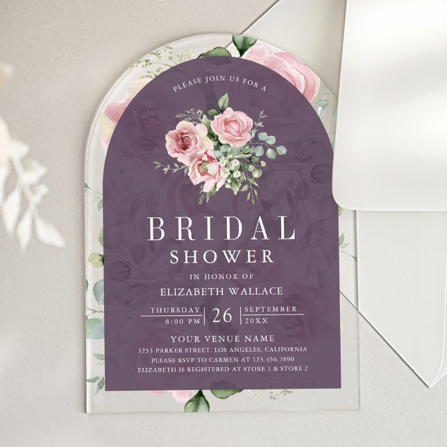 Blush Pink Floral Dusty Purple Bridal Shower Acryleinladungen (Von Creator hochgeladen)