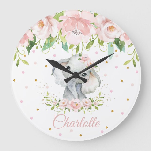 Blush Pink Floral Elefant Girl Kinderzimmer Große Wanduhr (Vorderseite)