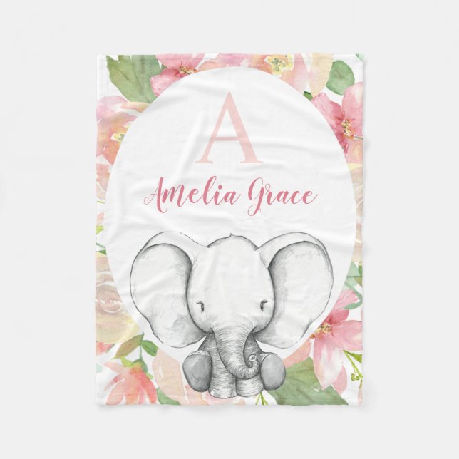 Blush Pink Floral Elefant Personalisiert Girl Fleecedecke (Vorderseite)