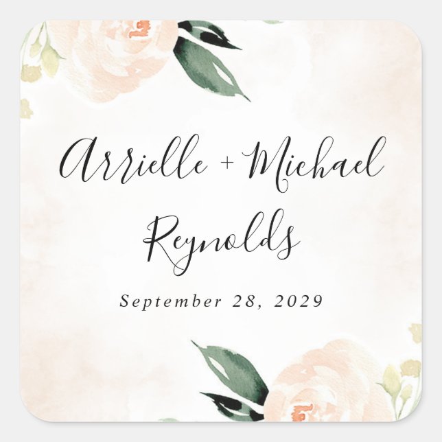 Blush Pink Floral Eleganter Champagner Garten Hoch Quadratischer Aufkleber (Vorderseite)