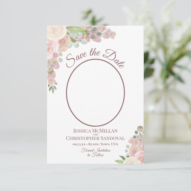 Blush Pink Floral Elegantes Boho Wedding Foto Save The Date (Stehend Vorderseite)