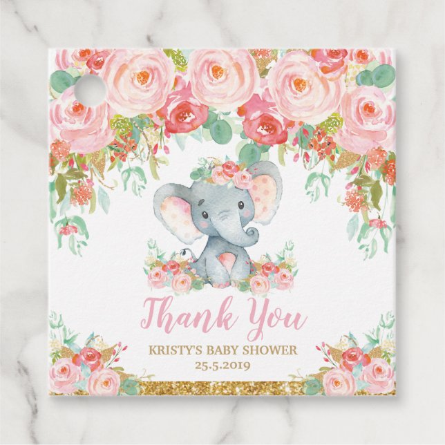 Blush Pink Floral Elephant Baby Dusche Danke Geschenkanhänger (Vorderseite)